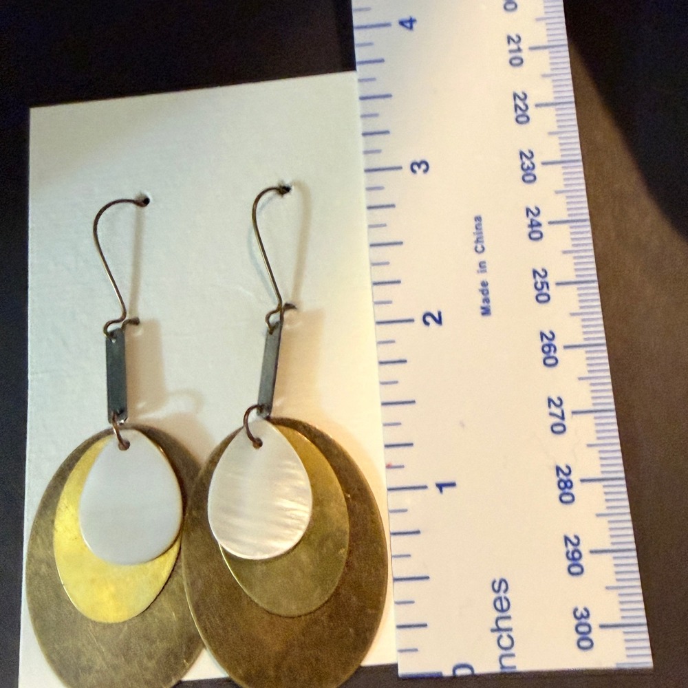 Mixed Metal Mother of Pearl, brass, Copper Drop Earrings Stephanie Aune Artist